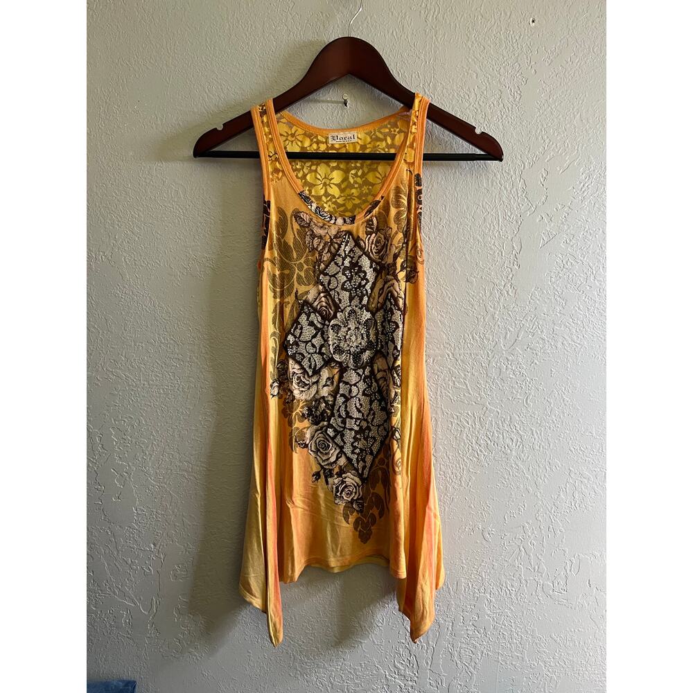 Vocal Y2K Floral Lace Tank Top Rhinestone Asym Hem Made USA‎ Small Retro